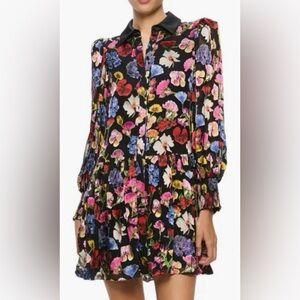 *Sold Out* NWT Alice + Olivia Bertha Size L Black Floral Mini Shirt Dress
